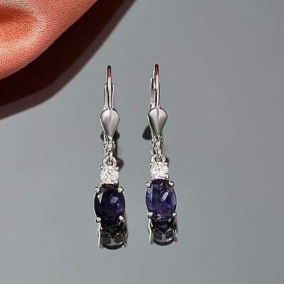 D'Joy Catalina Iolite and Moissanite 1.50 ctw Timeless Grace Earrings in Rhodium Over Sterling Silver