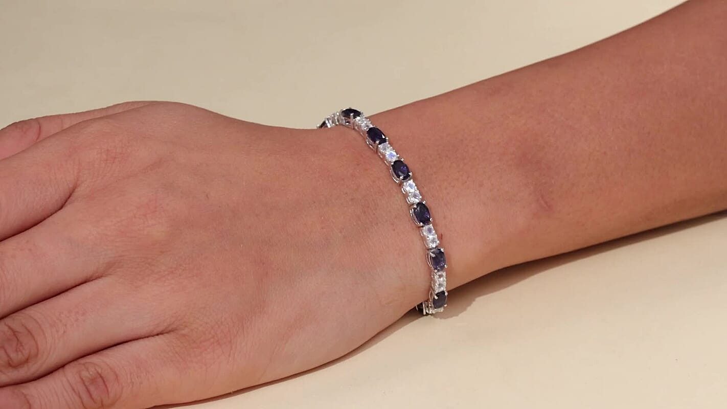 D'Joy Catalina Iolite and Premium Malagasy Moonstone 9.60 ctw Bracelet in Rhodium Over Sterling Silver (7.25 In) (Del. in 10-12 Days)
