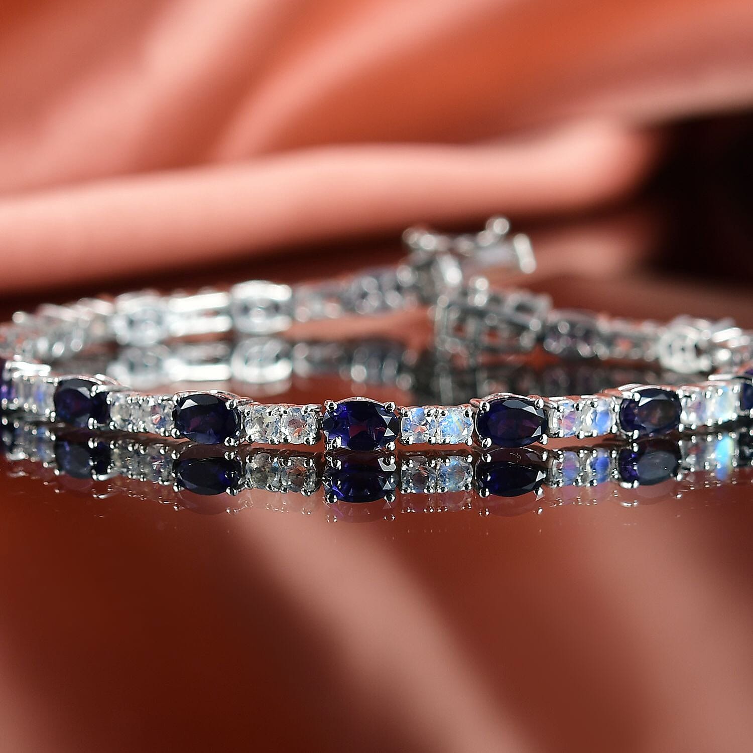 D'Joy Catalina Iolite and Premium Malagasy Moonstone 9.60 ctw Moonthread Bracelet in Rhodium Over Sterling Silver (7.25 In)