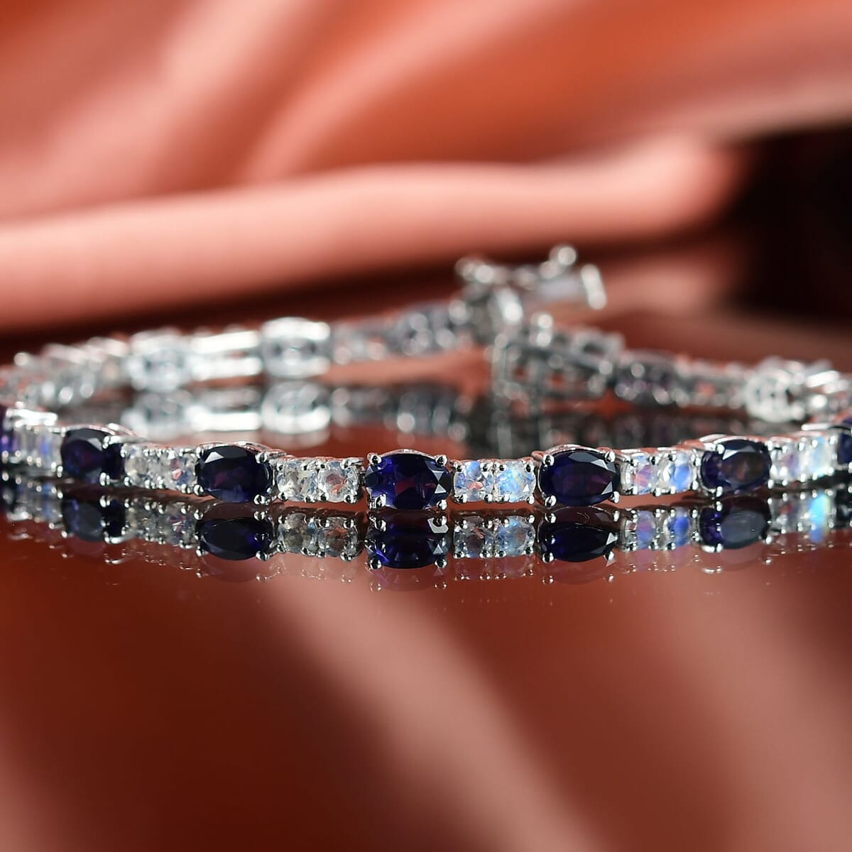 D'Joy Catalina Iolite and Premium Malagasy Moonstone 9.60 ctw Moonthread Bracelet in Rhodium Over Sterling Silver (7.25 In) image number 1