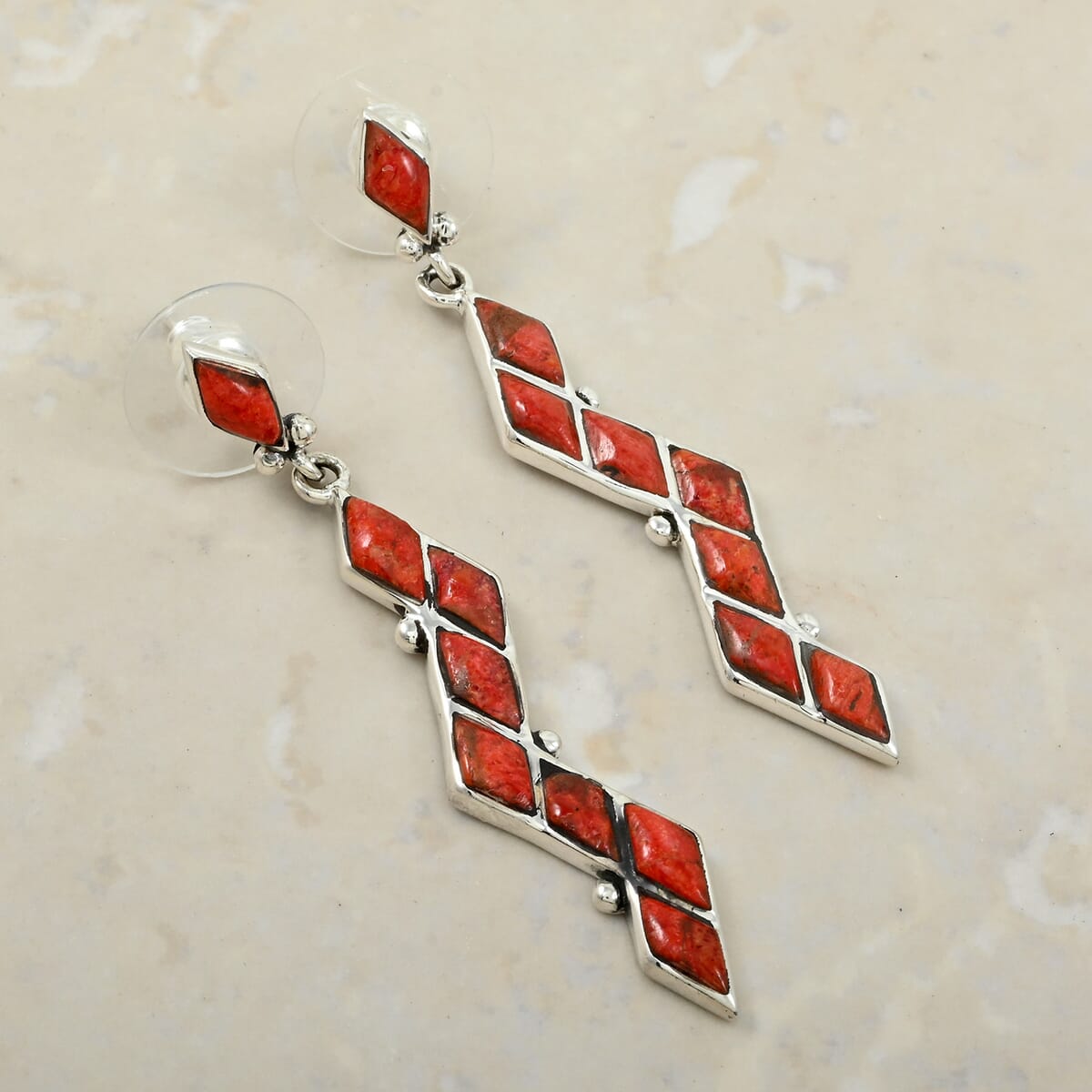 Santa Fe Style Enhanced Red Coral 5.25 ctw Earrings in Sterling Silver image number 1