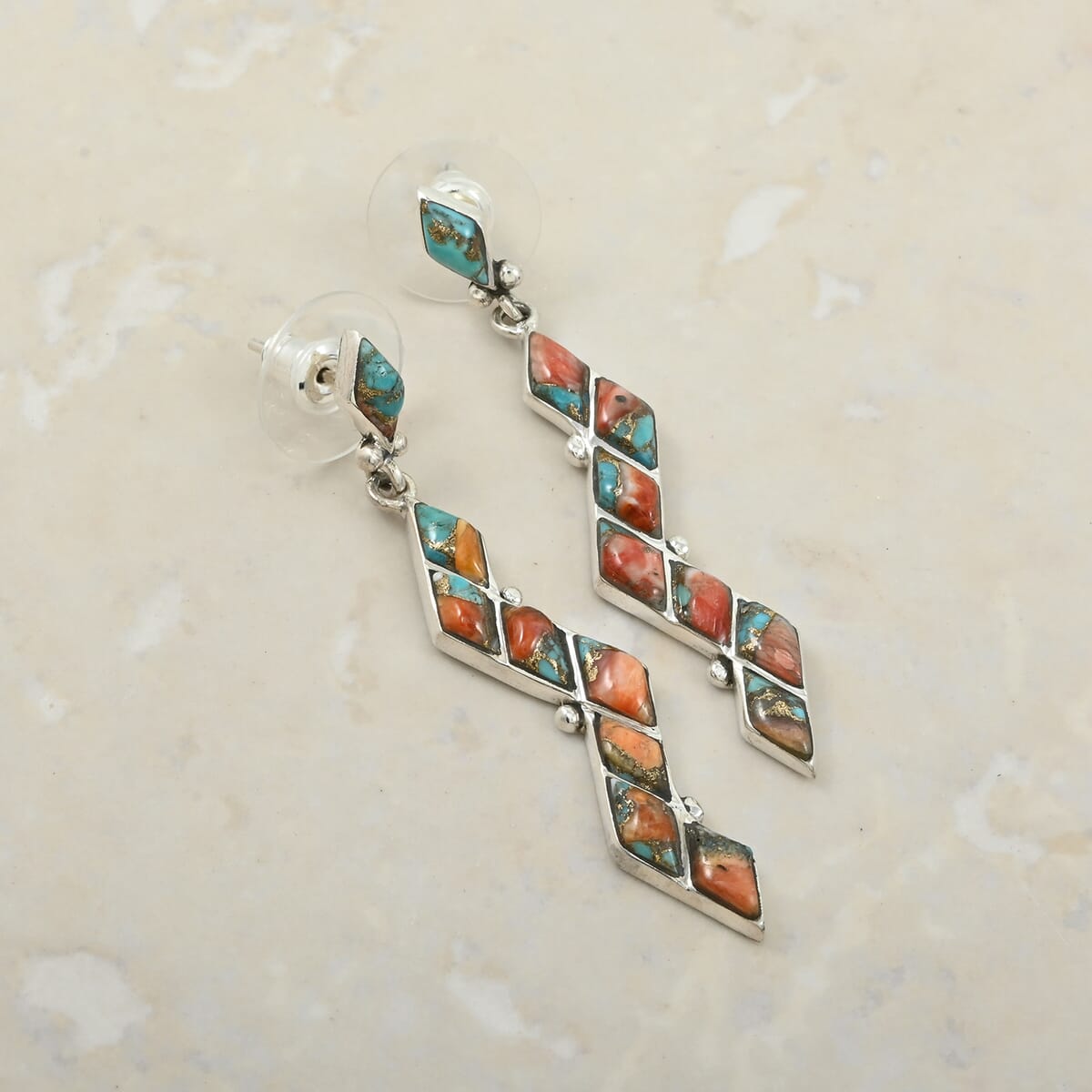 Santa Fe Style Spiny Turquoise 5.25 ctw Earrings in Sterling Silver image number 1