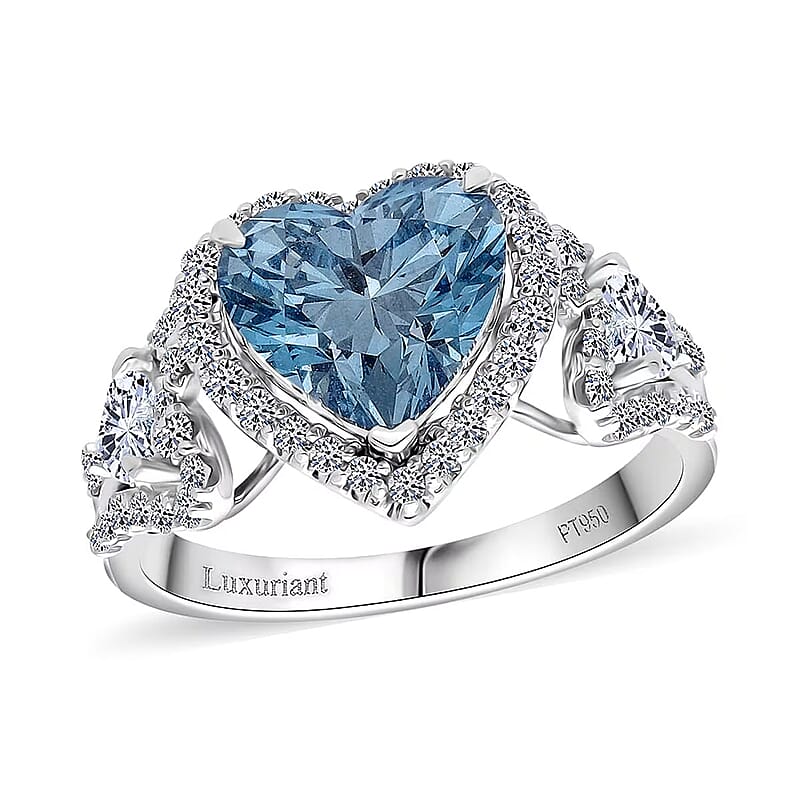 IGI Certified Luxuriant Lab Grown Blue and White Diamond VS 3.60 ctw Ocean Heart Ring in 950 Platinum (Size 10.0) 5.40 Grams