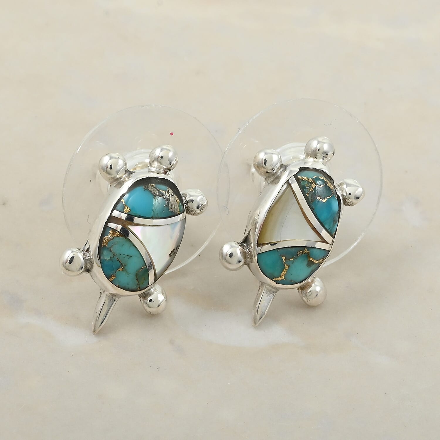 Santa Fe Style Mojave Turquoise and Mother Of Pearl 2.00 ctw Earrings in Sterling Silver