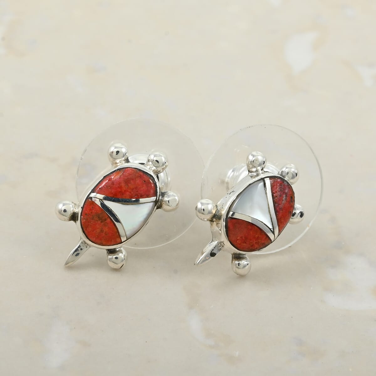 Santa Fe Style Enhanced Red Coral, Mother Of Pearl Earrings in Sterling Silver 2.00 ctw image number 1