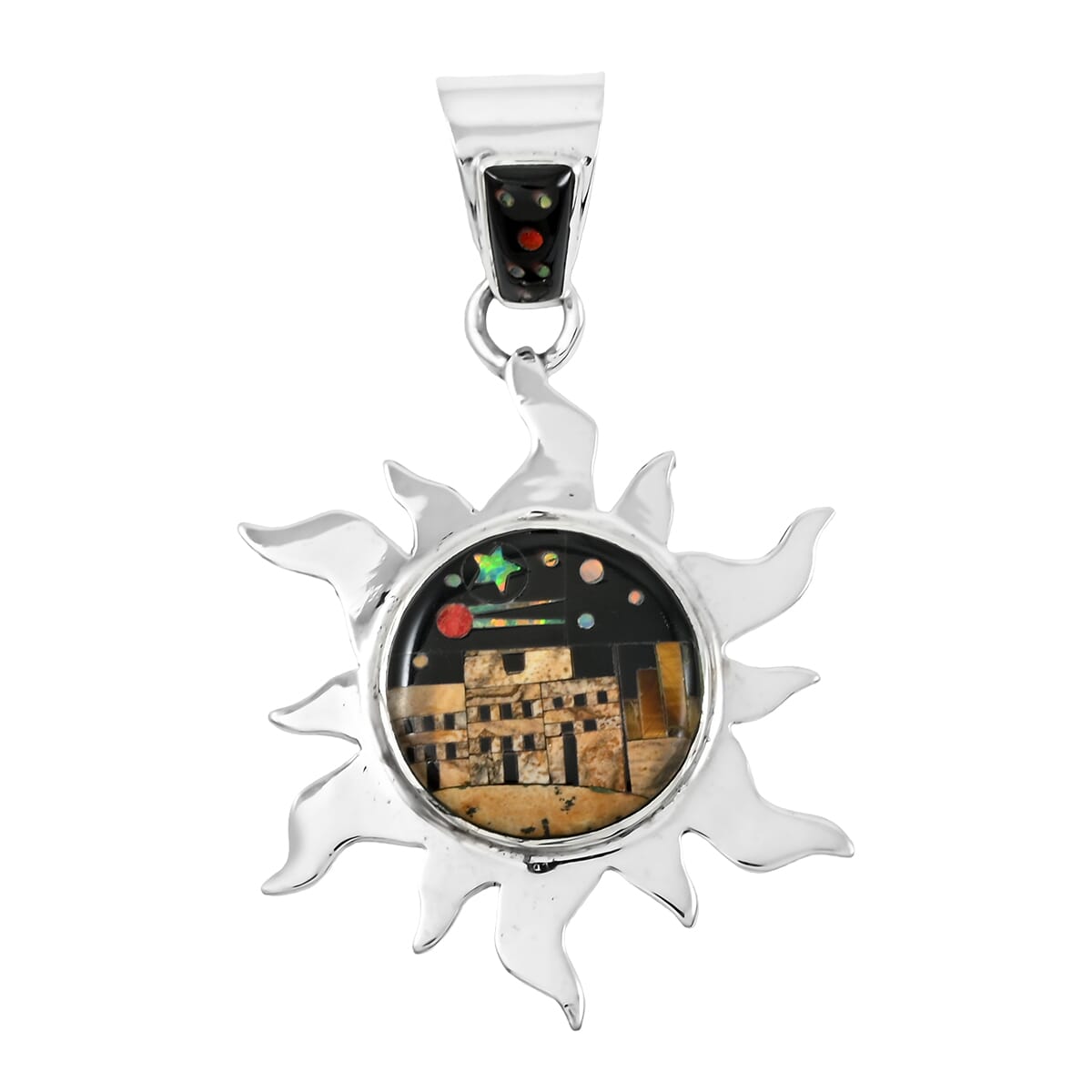 Santa Fe Style Black Onyx, Jasper Pueblo Pendant in Sterling Silver 17.00 ctw image number 0