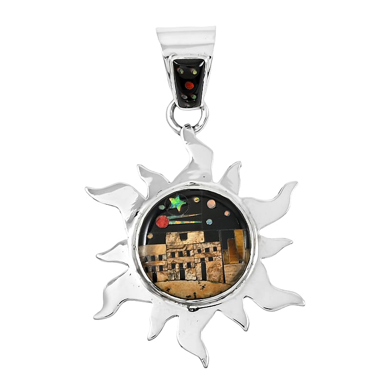 Santa Fe Style Black Onyx and Jasper 17.00 ctw Pueblo Pendant without Chain in Sterling Silver
