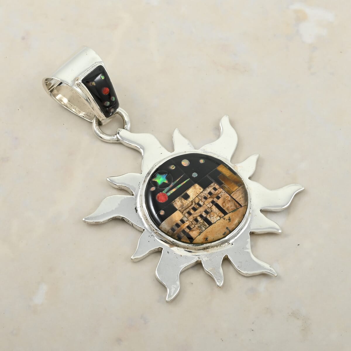 Santa Fe Style Black Onyx, Jasper Pueblo Pendant in Sterling Silver 17.00 ctw image number 1