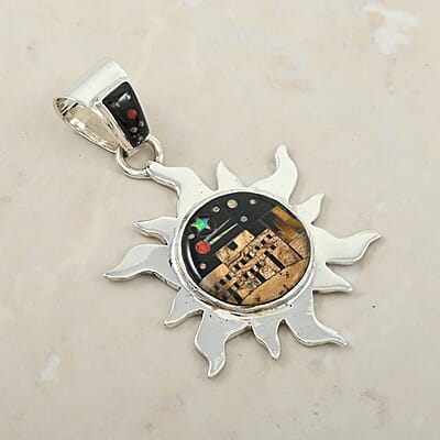 Santa Fe Style Black Onyx and Jasper 17.00 ctw Pueblo Pendant without Chain in Sterling Silver