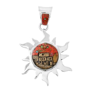 Santa Fe Style Enhanced Red Coral and Jasper 17.00 ctw Pueblo Pendant in Sterling Silver