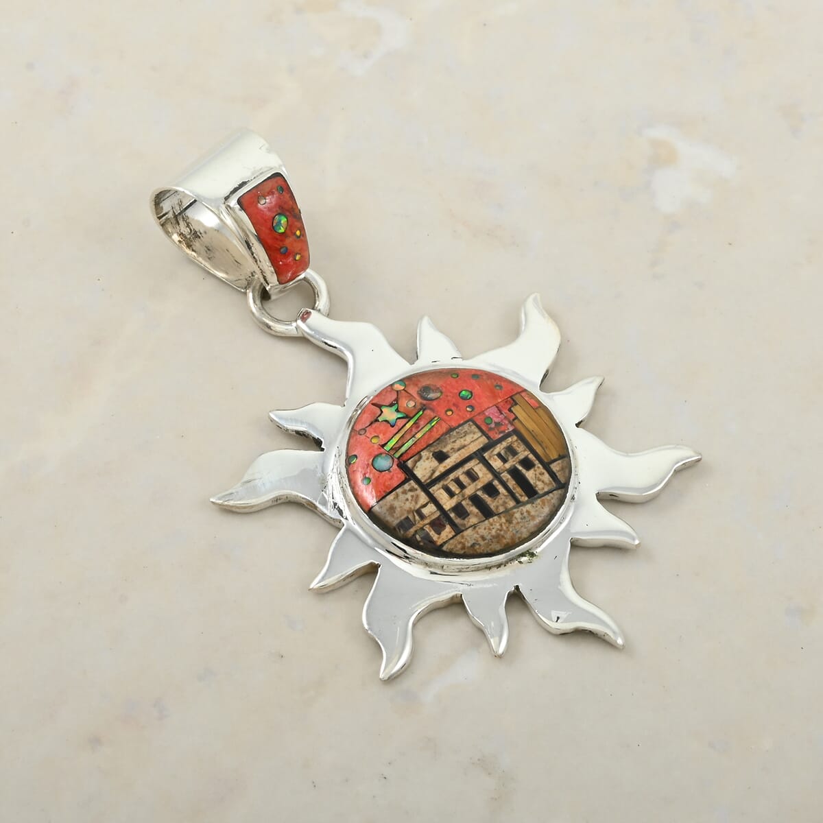 Santa Fe Style Enhanced Red Coral and Jasper 17.00 ctw Pueblo Pendant in Sterling Silver image number 1