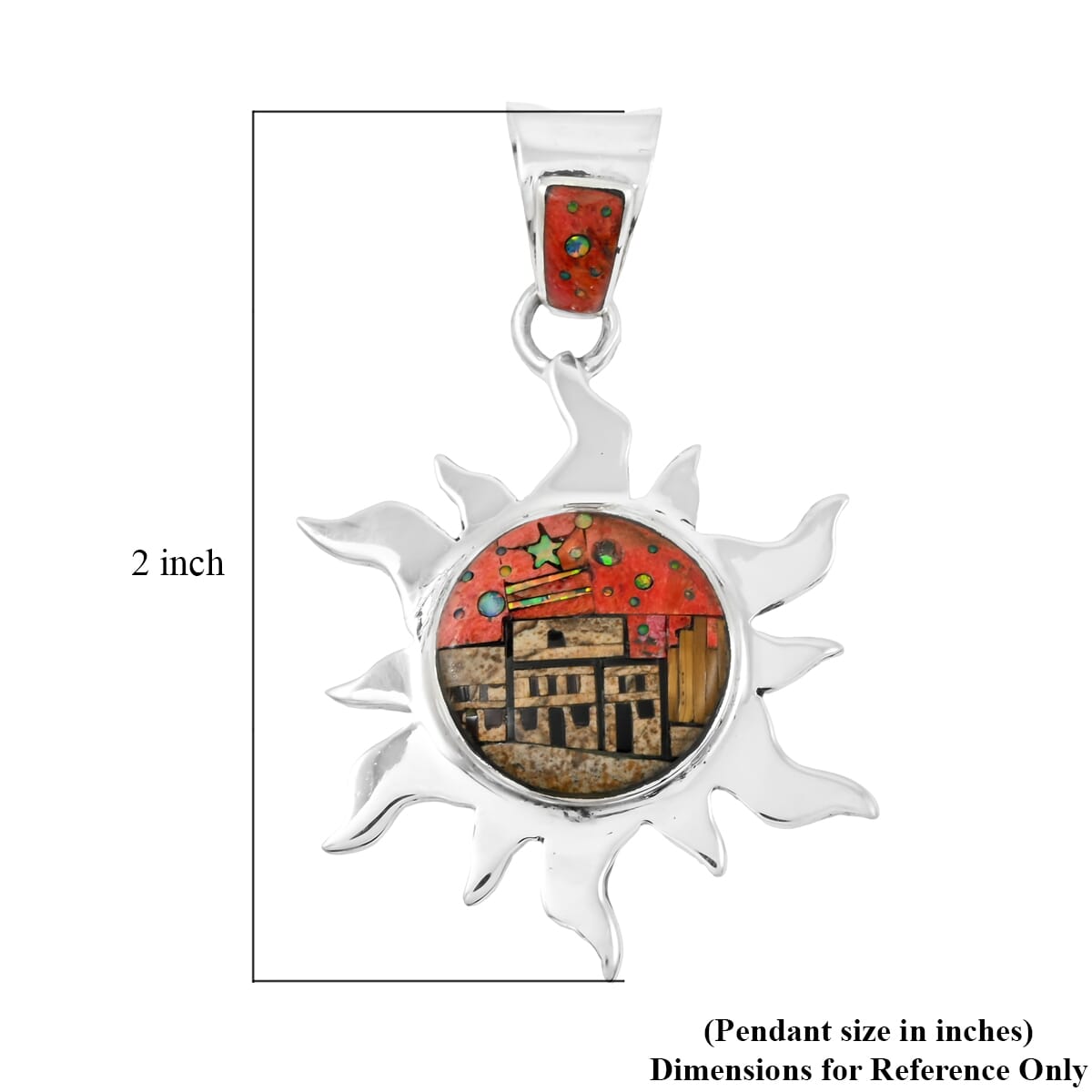 Santa Fe Style Enhanced Red Coral and Jasper 17.00 ctw Pueblo Pendant in Sterling Silver image number 4