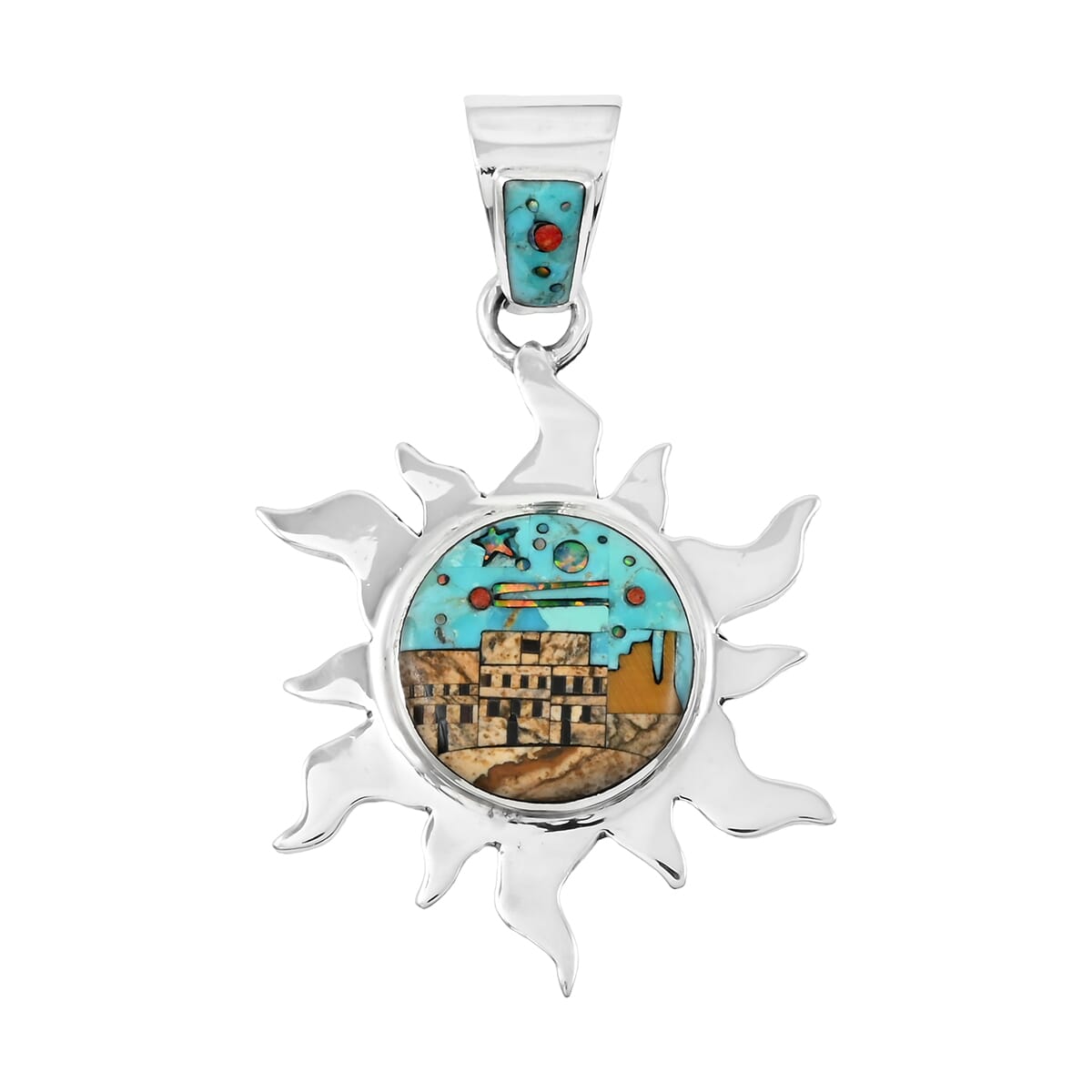 Santa Fe Style Kingman Turquoise and Jasper 17.00 ctw Pueblo Pendant in Sterling Silver image number 0