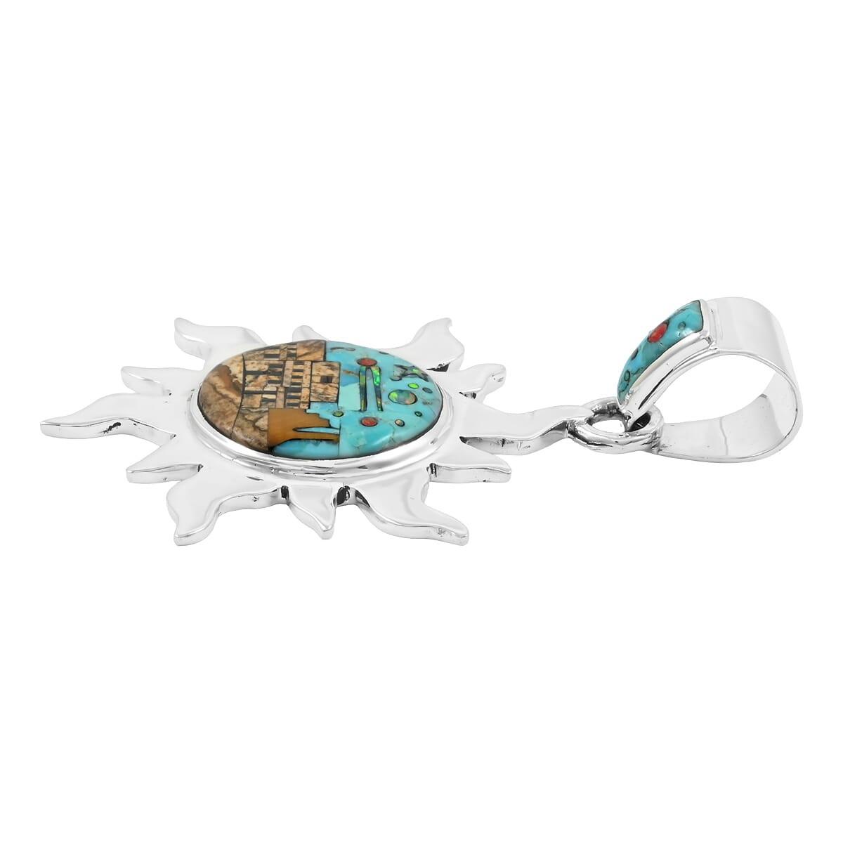 Santa Fe Style Kingman Turquoise and Jasper 17.00 ctw Pueblo Pendant in Sterling Silver image number 3