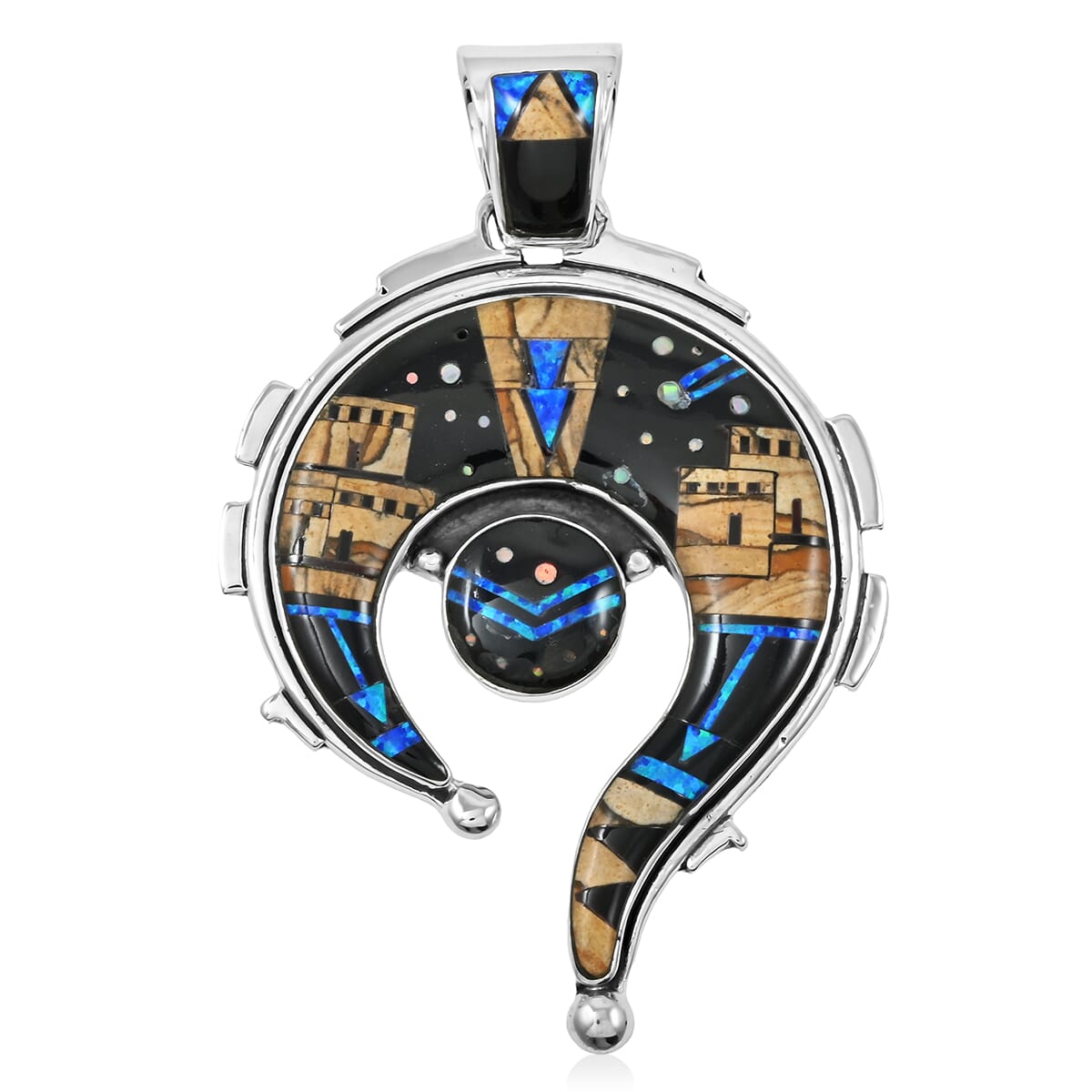 Santa Fe Style Black Onyx and Jasper 22.00 ctw Pueblo Pendant in Sterling Silver image number 0