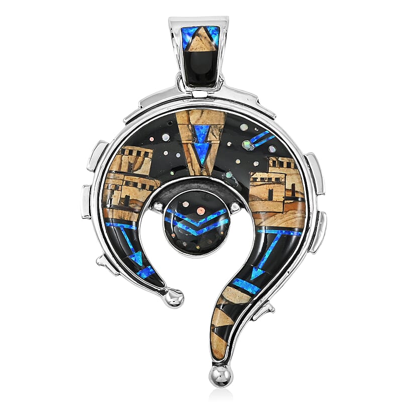 Santa Fe Style Black Onyx and Jasper 22.00 ctw Pueblo Pendant without Chain in Sterling Silver