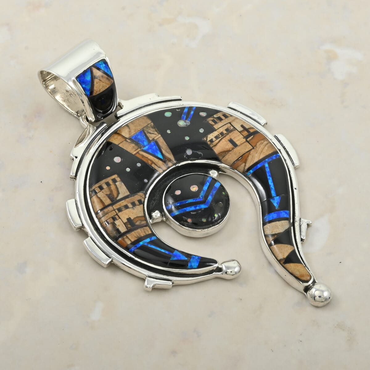 Santa Fe Style Black Onyx and Jasper 22.00 ctw Pueblo Pendant in Sterling Silver image number 1