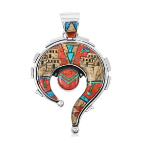 Santa Fe Style Enhanced Red Coral and Jasper 12.00 ctw Pueblo Pendant in Sterling Silver