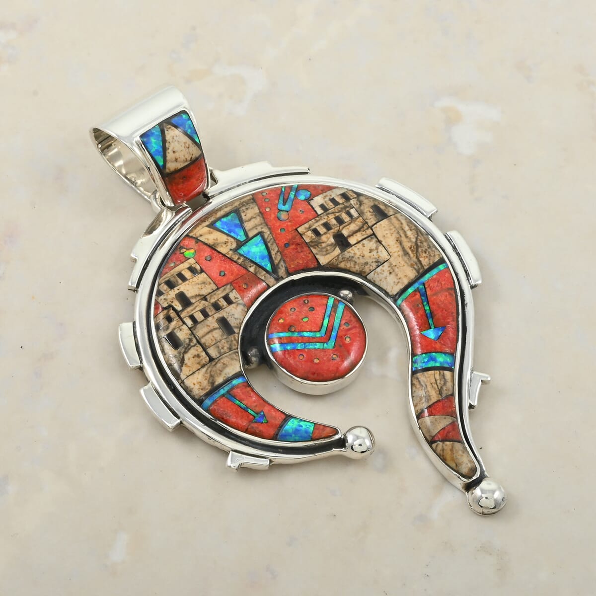 Santa Fe Style Enhanced Red Coral and Jasper 12.00 ctw Pueblo Pendant in Sterling Silver image number 1