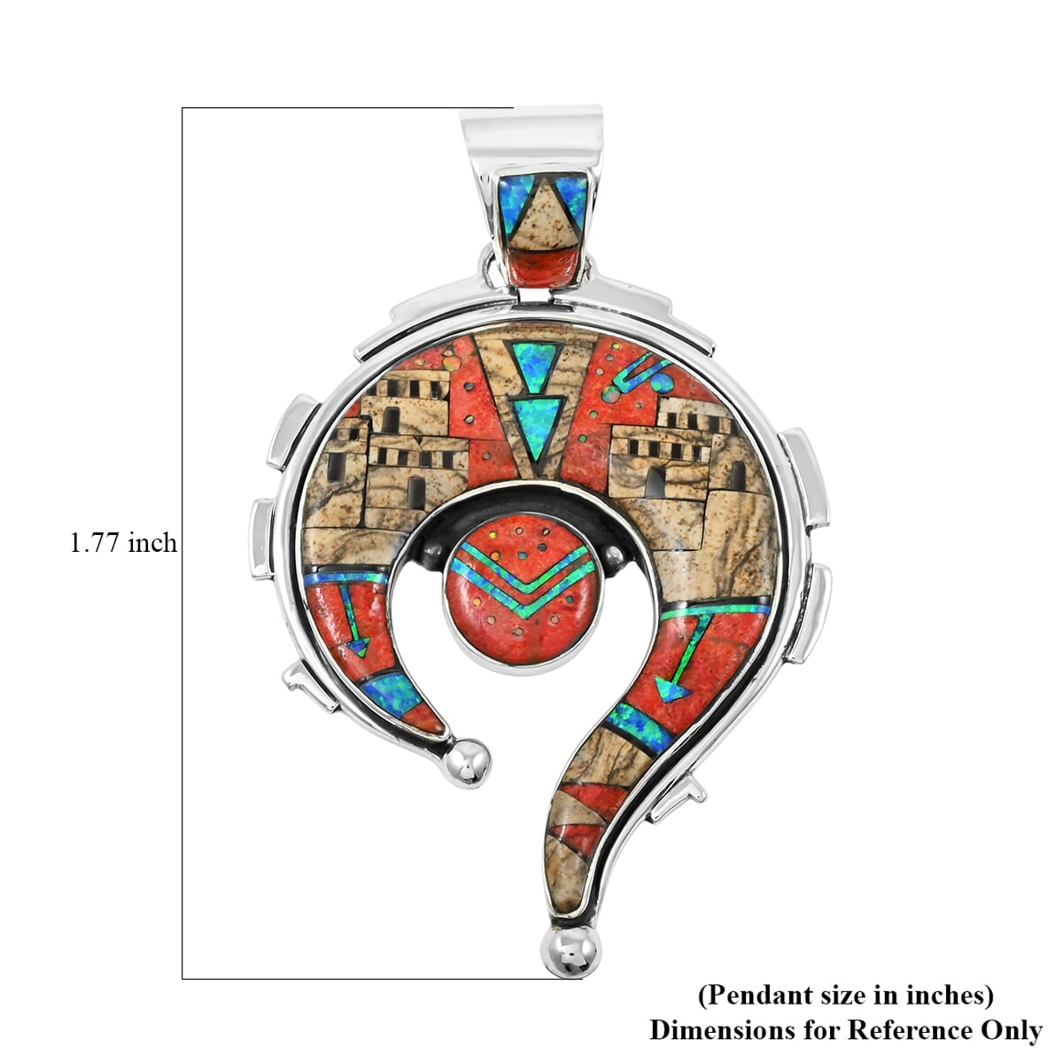 Santa Fe Style Enhanced Red Coral and Jasper 12.00 ctw Pueblo Pendant in Sterling Silver image number 4