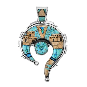 Santa Fe Style Kingman Turquoise and Jasper 22.00 ctw Pueblo Pendant in Sterling Silver