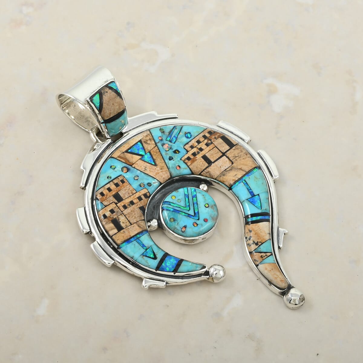 Santa Fe Style Kingman Turquoise and Jasper 22.00 ctw Pueblo Pendant in Sterling Silver image number 1