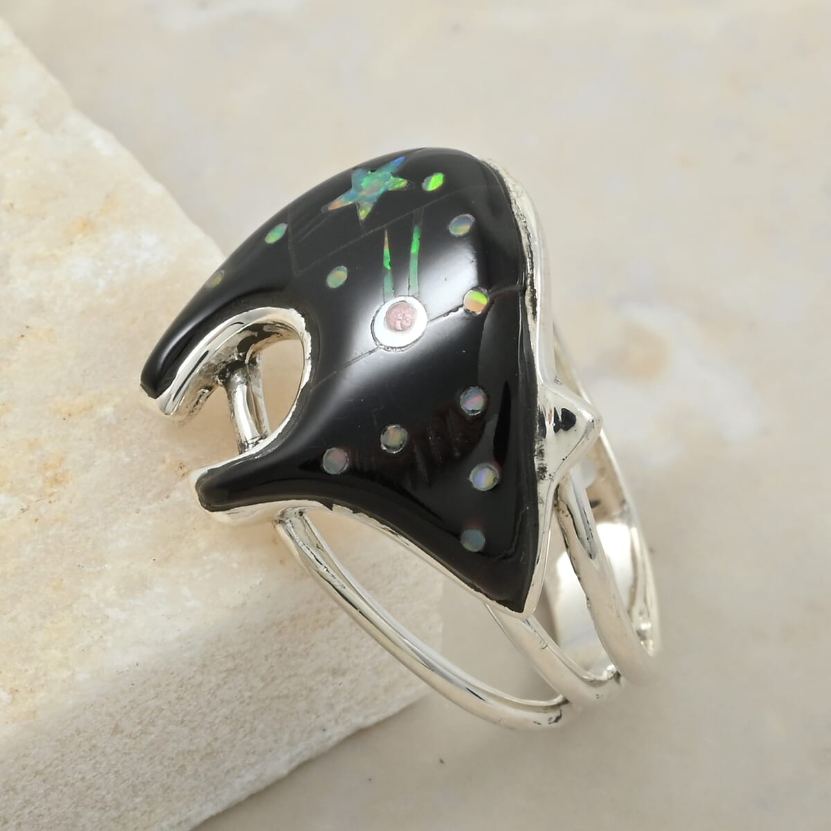 Santa Fe Style Black Onyx 6.50 ctw Dots Ring in Sterling Silver (Size 9.0) image number 1
