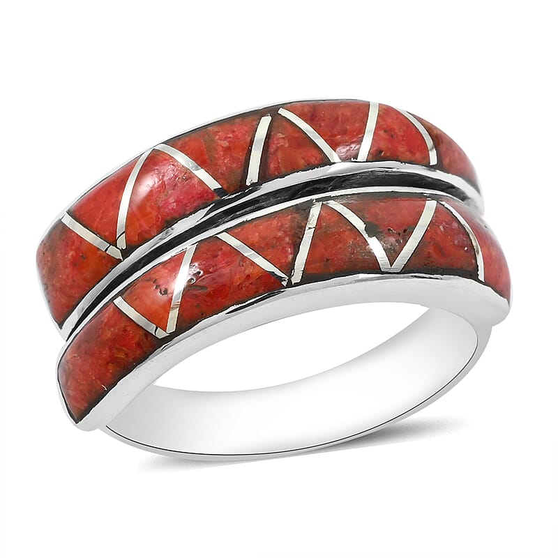 Santa Fe Style Enhanced Red Coral 8.50 ctw Ring in Sterling Silver (Size 10.0)