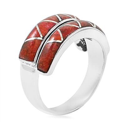 Santa Fe Style Enhanced Red Coral 8.50 ctw Ring in Sterling Silver (Size 10.0)