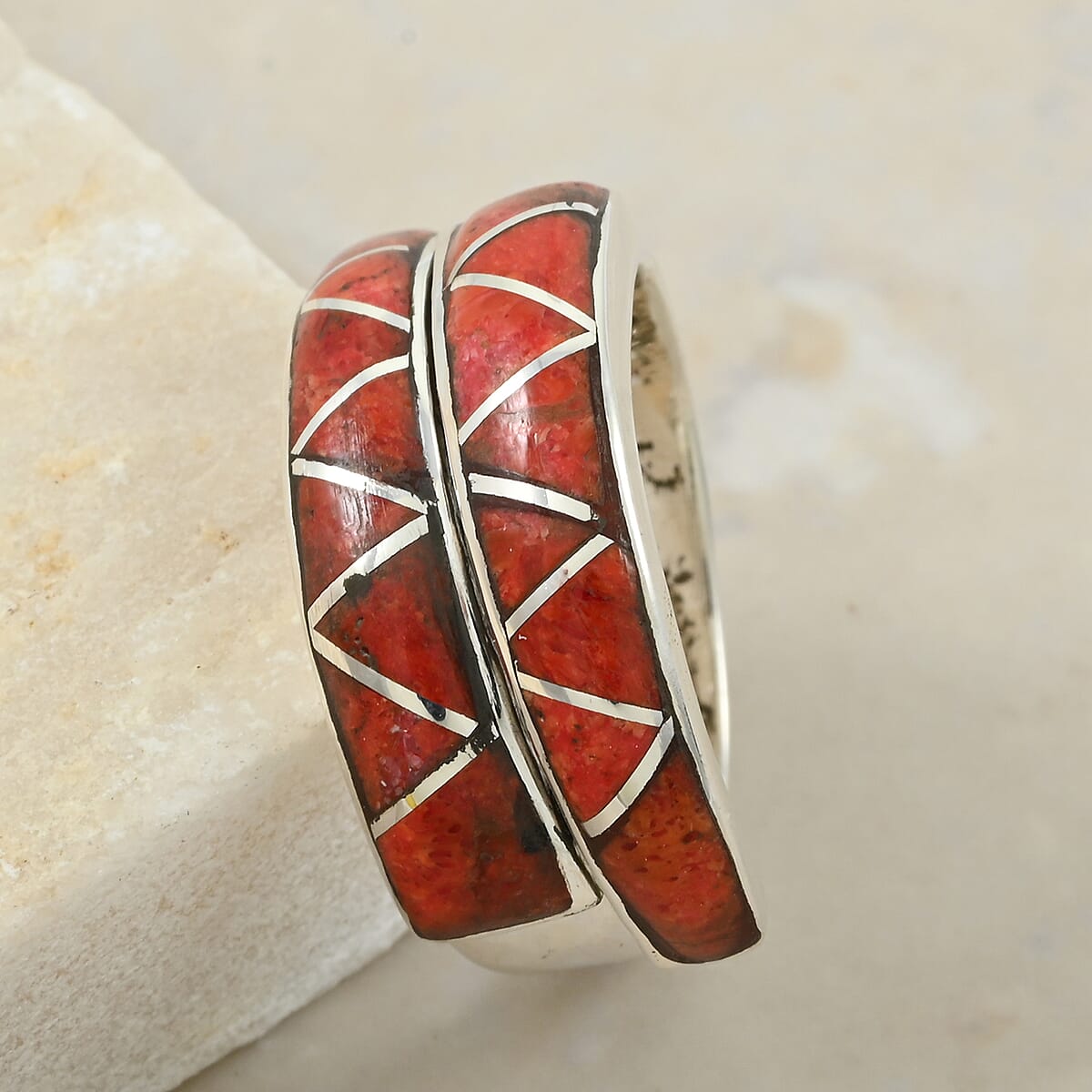 Santa Fe Style Enhanced Red Coral 8.50 ctw Ring in Sterling Silver (Size 6.0) image number 1