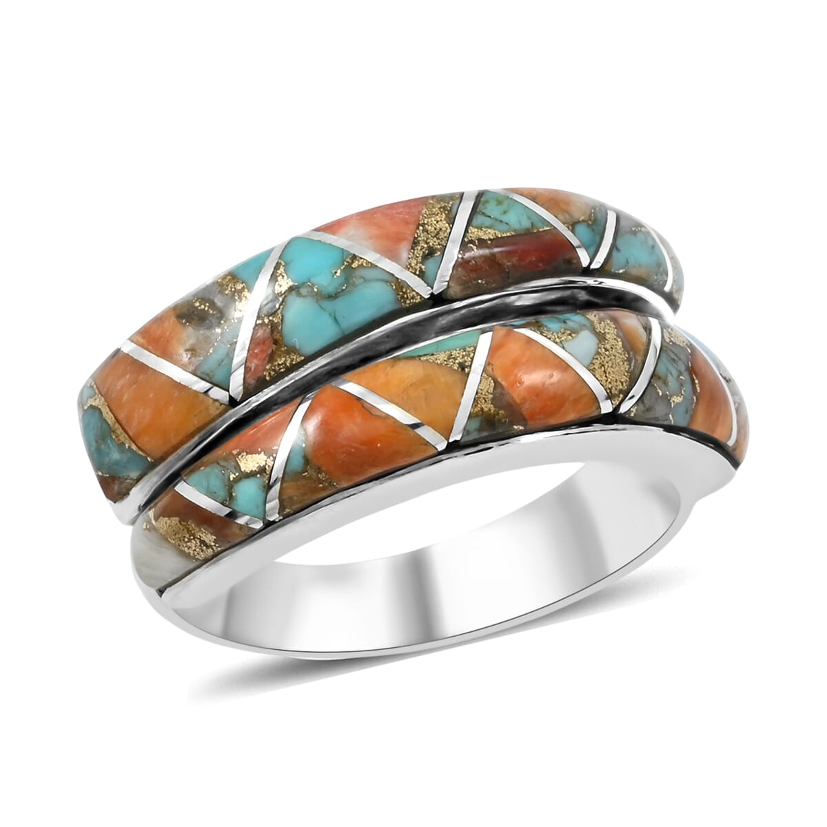 Santa Fe Style Spiny Turquoise 8.50 ctw Ring in Sterling Silver (Size 6.0) image number 0