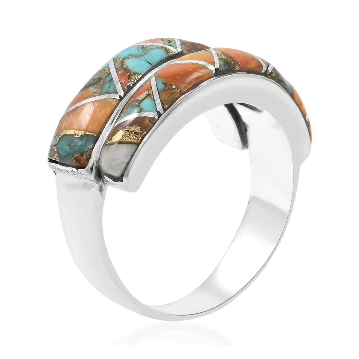 Santa Fe Style Spiny Turquoise 8.50 ctw Ring in Sterling Silver (Size 6.0) image number 3