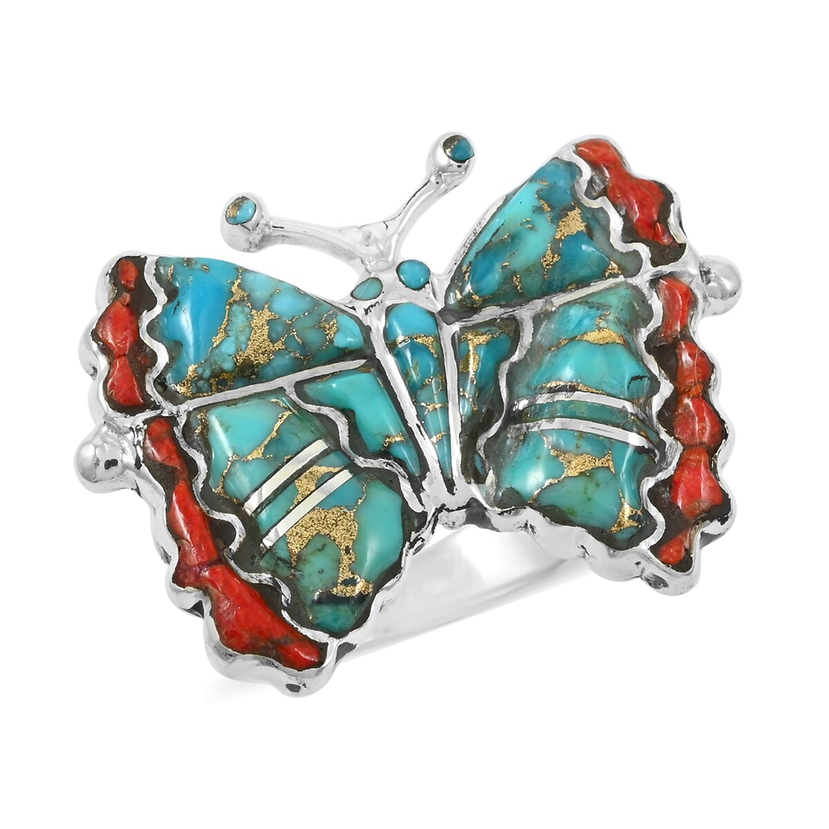 Santa Fe Style Mojave Turquoise 7.00 ctw and Enhanced Red Coral Ring in Sterling Silver (Size 10.0) image number 0