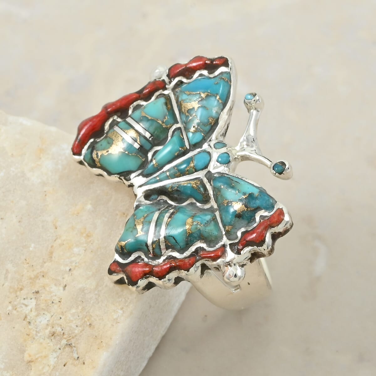 Santa Fe Style Mojave Turquoise 7.00 ctw and Enhanced Red Coral Ring in Sterling Silver (Size 10.0) image number 1
