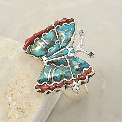 Santa Fe Style Mojave Turquoise 7.00 ctw and Enhanced Red Coral Ring in Sterling Silver (Size 10.0)