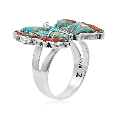 Santa Fe Style Mojave Turquoise 7.00 ctw and Enhanced Red Coral Ring in Sterling Silver (Size 10.0)