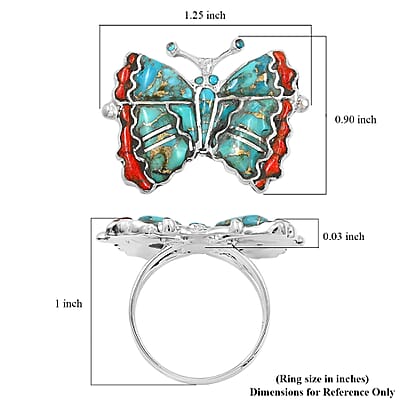 Santa Fe Style Mojave Turquoise 7.00 ctw and Enhanced Red Coral Ring in Sterling Silver (Size 10.0)