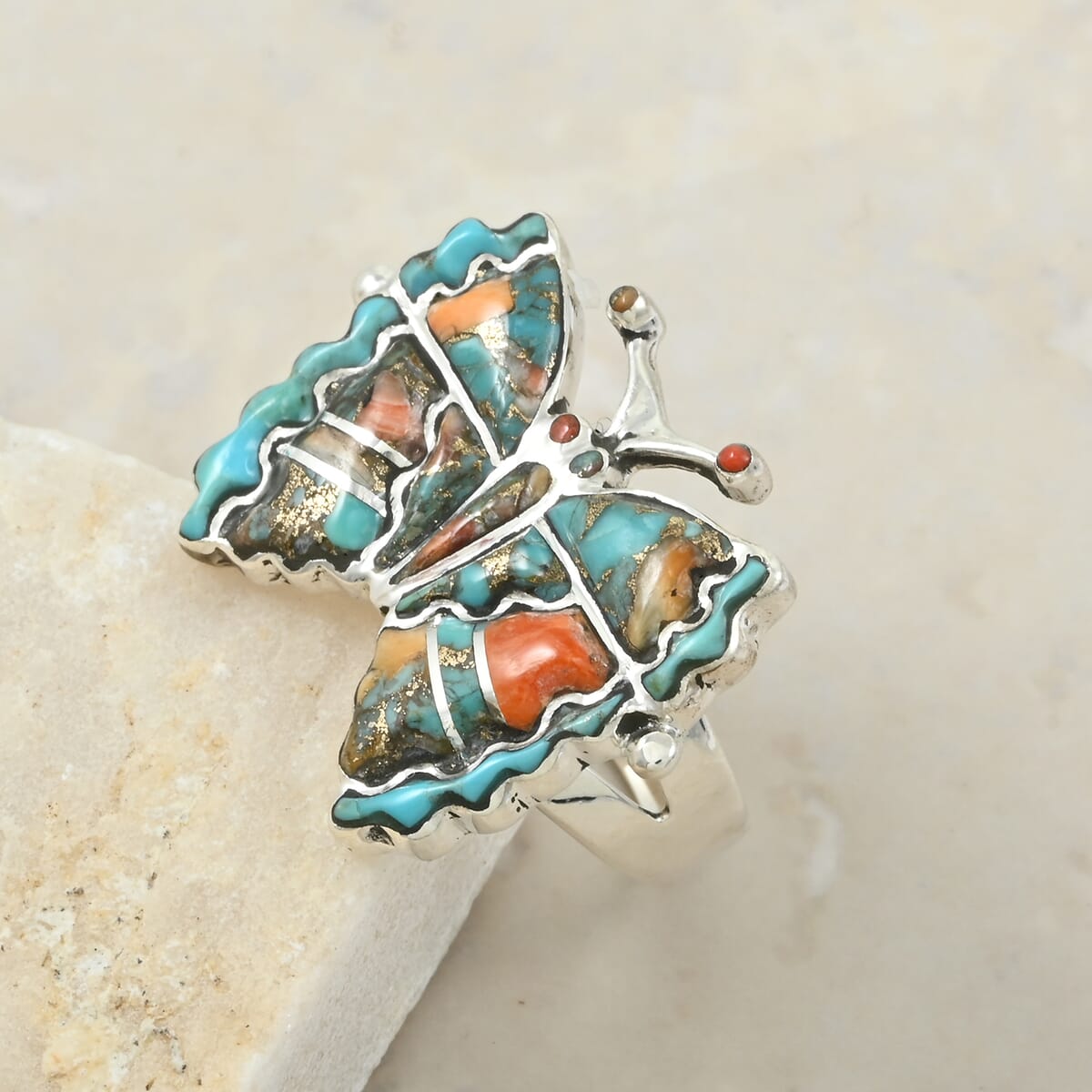 Santa Fe Style Kingman Turquoise and Spiny Turquoise 7.00 ctw Ring in Sterling Silver (Size 10.0) image number 1