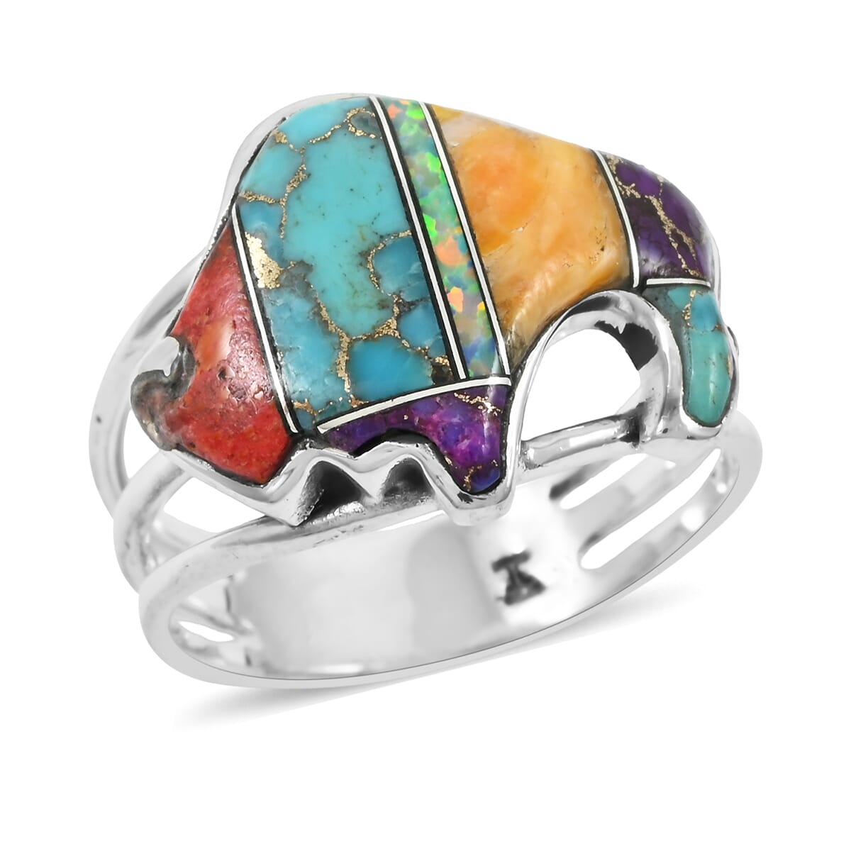 Santa Fe Style Multi Gemstone 7.00 ctw Stripe Ring in Sterling Silver (Size 10.0) image number 0