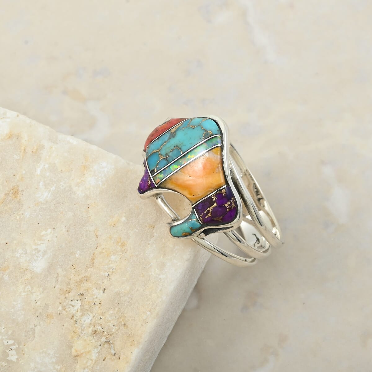 Santa Fe Style Multi Gemstone 7.00 ctw Stripe Ring in Sterling Silver (Size 10.0) image number 1