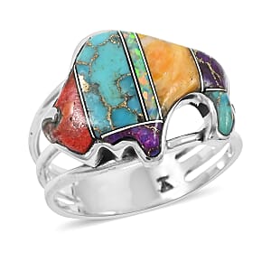 Santa Fe Style Multi Gemstone 7.00 ctw Stripe Ring in Sterling Silver (Size 6.0)