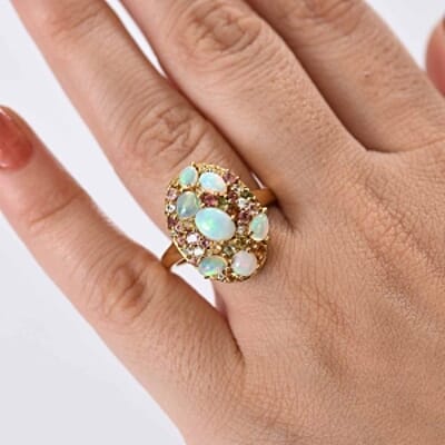 Ethiopian Welo Opal and Multi Gemstone 2.50 ctw Ring in Vermeil Yellow Gold Over Sterling Silver (Size 11.5)