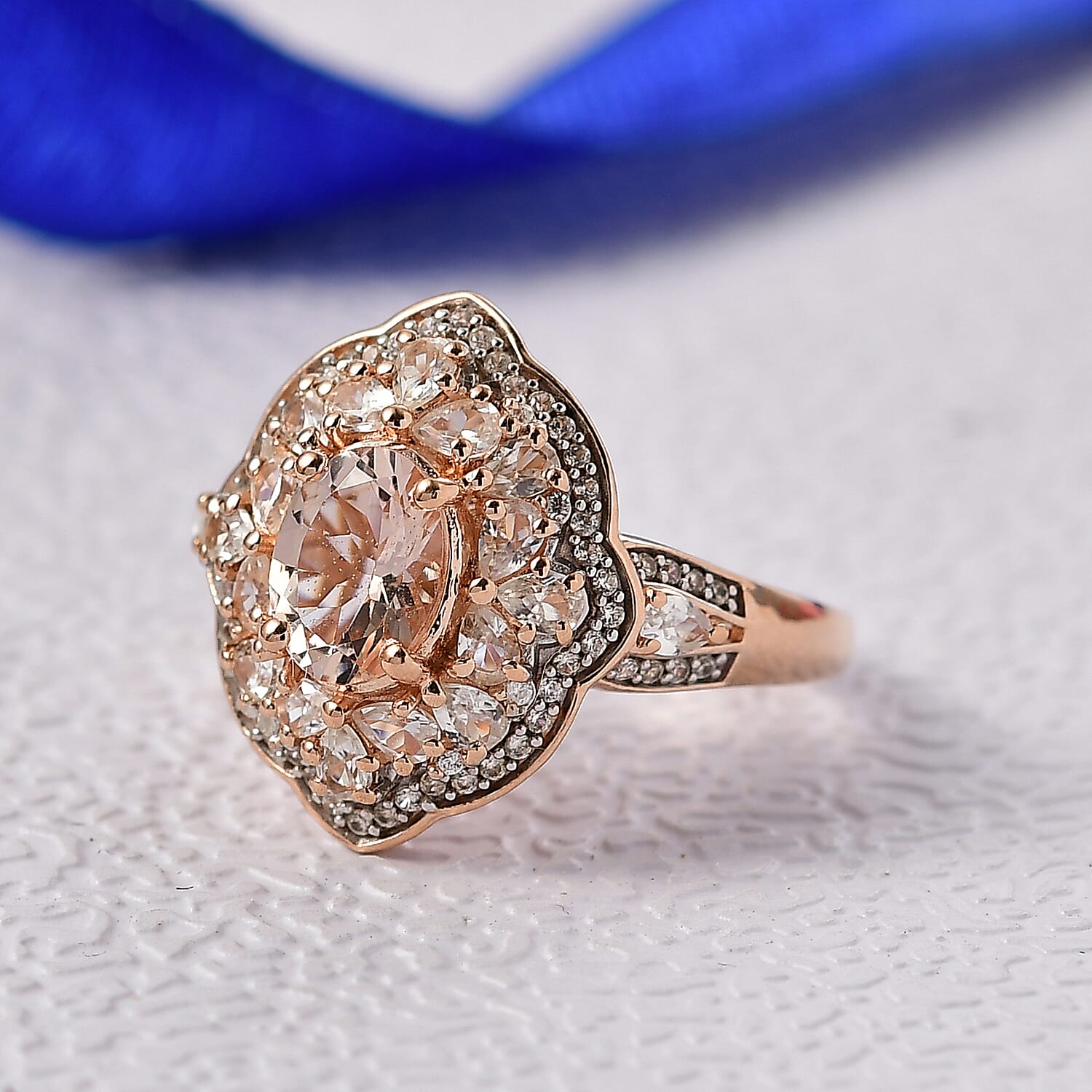 D'Joy Premium Marropino Morganite and White Zircon 3.00 ctw Regal Sky Sparkle Ring in 18K Vermeil Rose Gold Over Sterling Silver (Size 8.0)