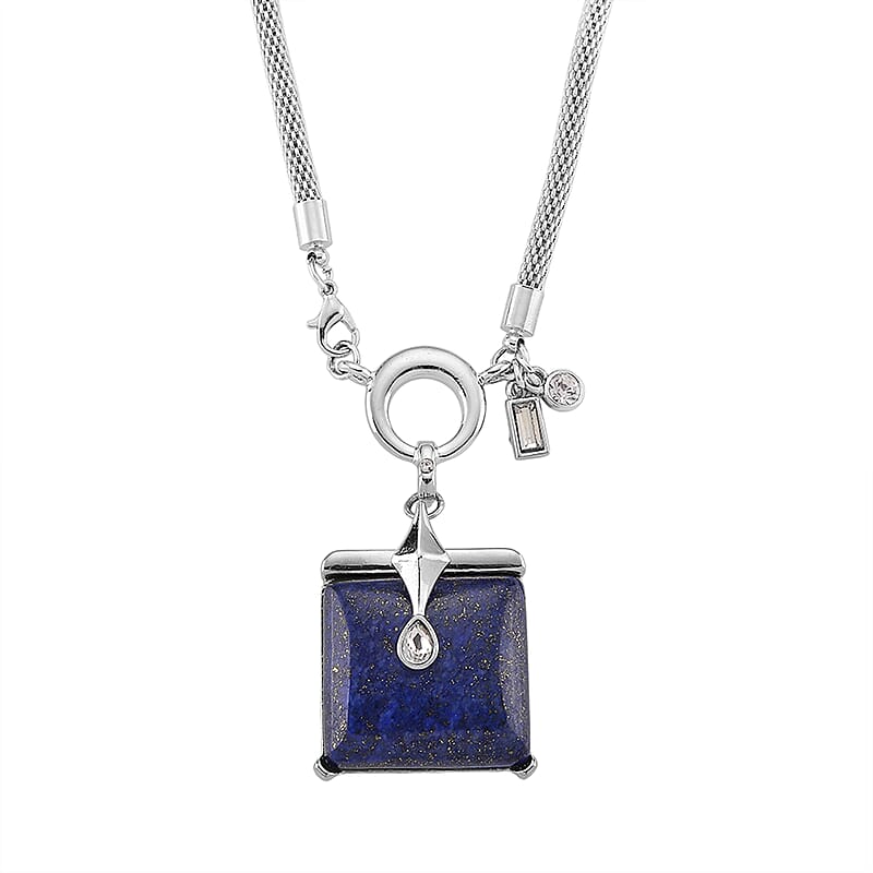 Lapis Lazuli 90.00 ctw and Austrian Crystal Necklace in Silvertone 25.50 Inches