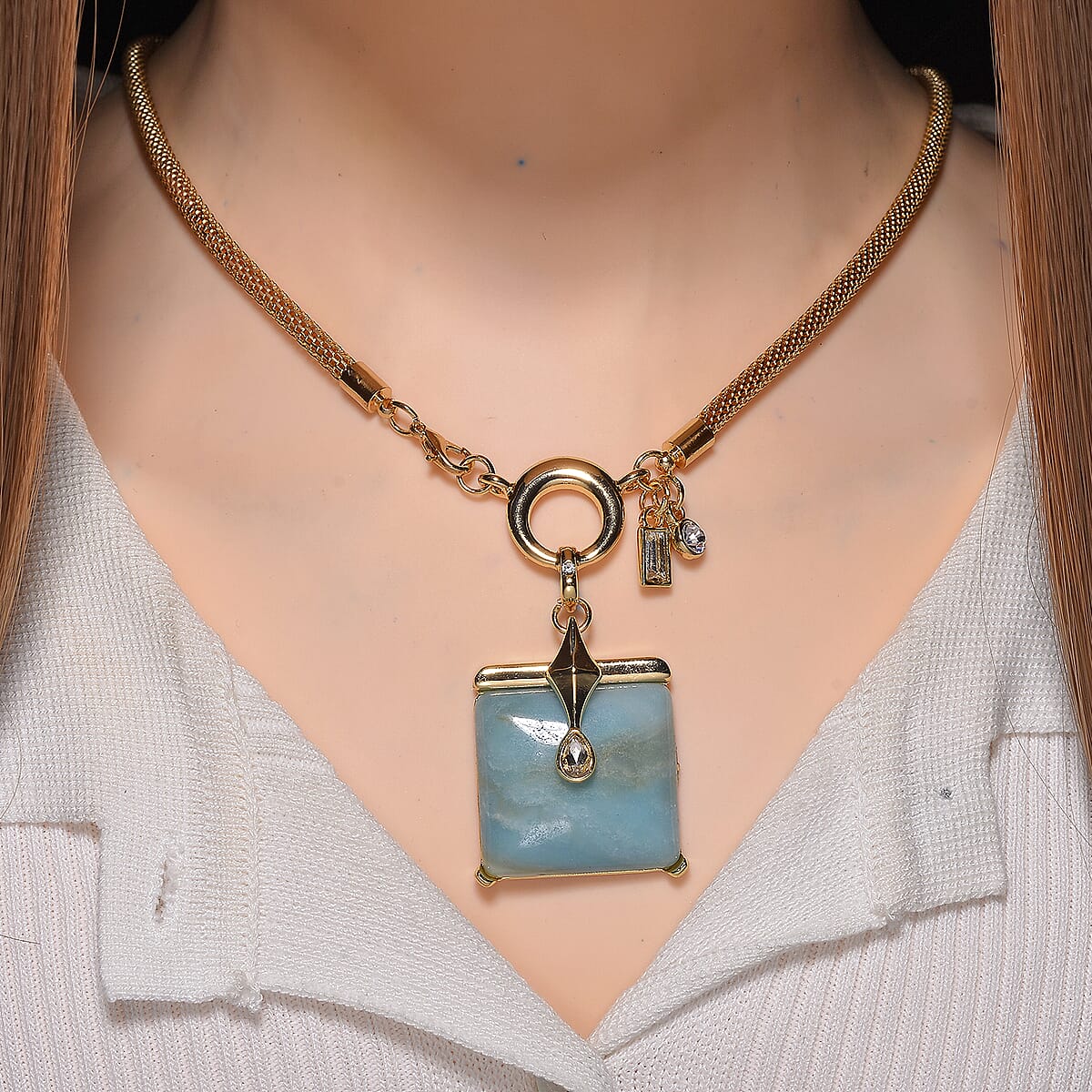 Amazonite 90.00 ctw and Austrian Crystal Necklace in Goldtone 25.50 Inches image number 1