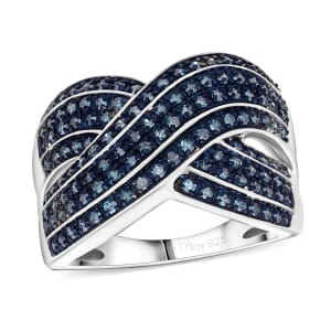 D’Joy Blue Diamond (IR) 0.75 ctw Crossover Bridge Ring in Rhodium Over Sterling Silver (Size 10.0) 