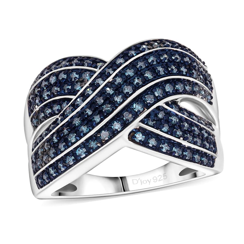 D’Joy Blue Diamond (IR) 0.75 ctw Crossover Bridge Ring in Rhodium Over Sterling Silver (Size 10.0)