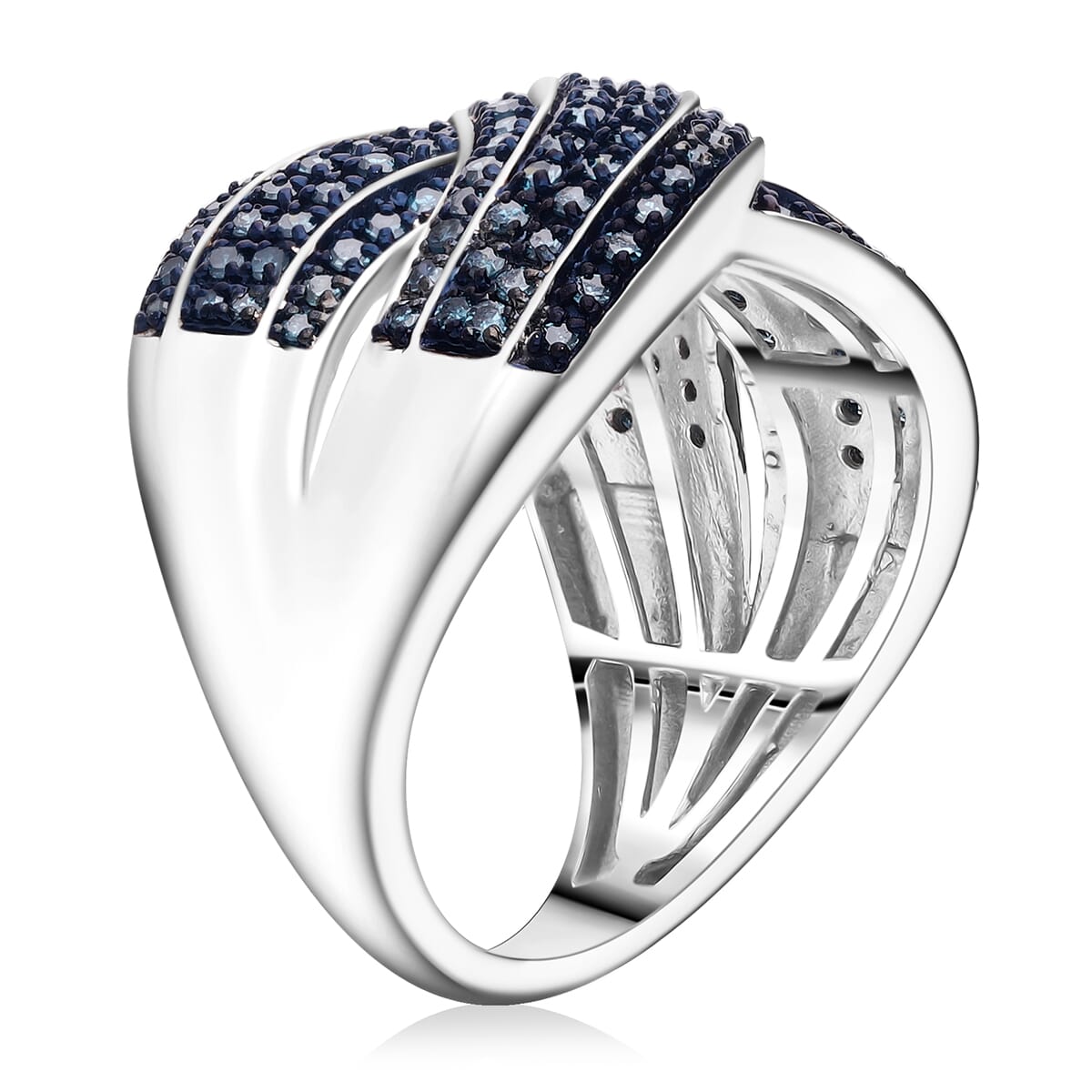 D’Joy Blue Diamond (IR) 0.75 ctw Crossover Bridge Ring in Rhodium Over Sterling Silver (Size 10.0)  image number 2