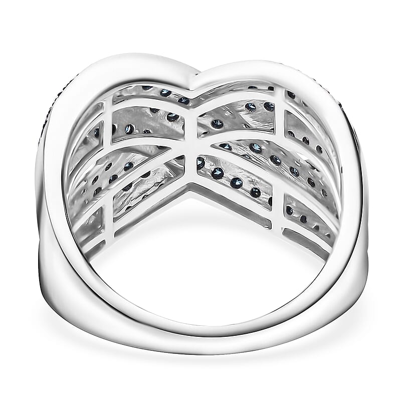 D’Joy Blue Diamond (IR) 0.75 ctw Crossover Bridge Ring in Rhodium Over Sterling Silver (Size 10.0)