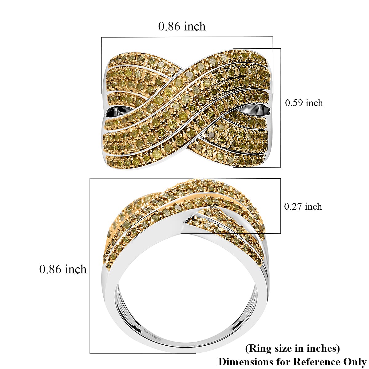 D'Joy Yellow Diamond 0.75 ctw Crossover Bridge Ring in Rhodium Over Sterling Silver (Size 6.0)